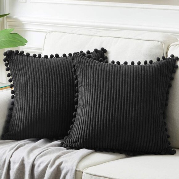 Cozy Black Corduroy Luxury Velvet Pompom Bed/Sofa Throw Pillow Cover/Case Set - Picture 1 of 8